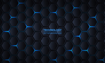 Dark gray hexagonal technology vector abstract background. Blue bright energy flashes under hexagon in modern technology futuristic vector three-dimensional background. Dark honeycomb texture grid.