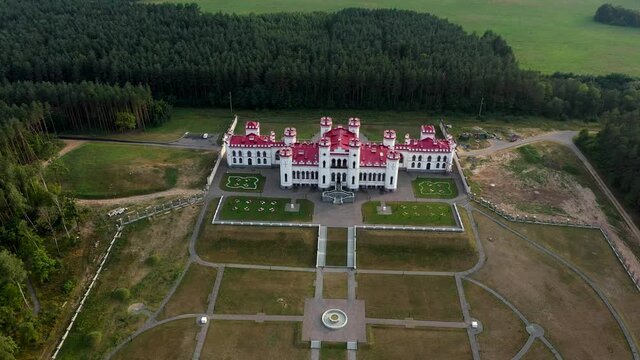 Kossovo, Belarus. Aerial View Of Historic Landmark Kosava Castle. Puslowski Puslovsky Palace Castle. 