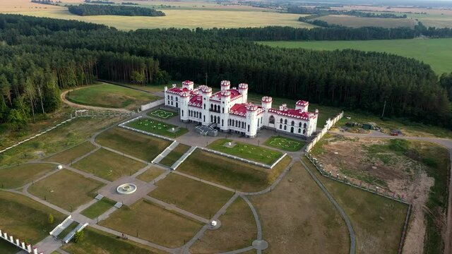 Kossovo, Belarus. Aerial View Of Historic Landmark Kosava Castle. Puslowski Puslovsky Palace Castle. 