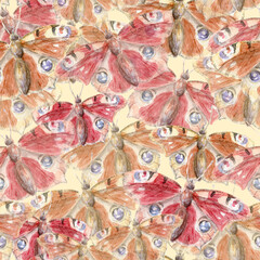 Hand painted watercolor seamless pattern of peacock butterfly clipart on beige background. Boho style nature illustration in a realistic manner.