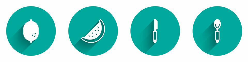 Set Lemon, Watermelon, Knife and Spoon icon with long shadow. Vector