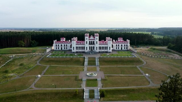 Kossovo, Belarus. Aerial View Of Historic Landmark Kosava Castle. Puslowski Puslovsky Palace Castle. 
