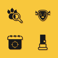 Set Paw search, Cartridges, Target sport and Deer antlers on shield icon with long shadow. Vector