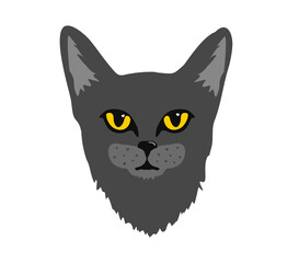 Black cat head vector illustration. Simple cartoon cat icon. Black silhouette of a cat.