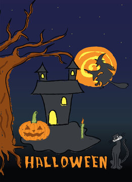 The inscription heluin, cat, witch, silhouette of a house on a dark background. Perfect for Halloween cards, invitation cards, banners