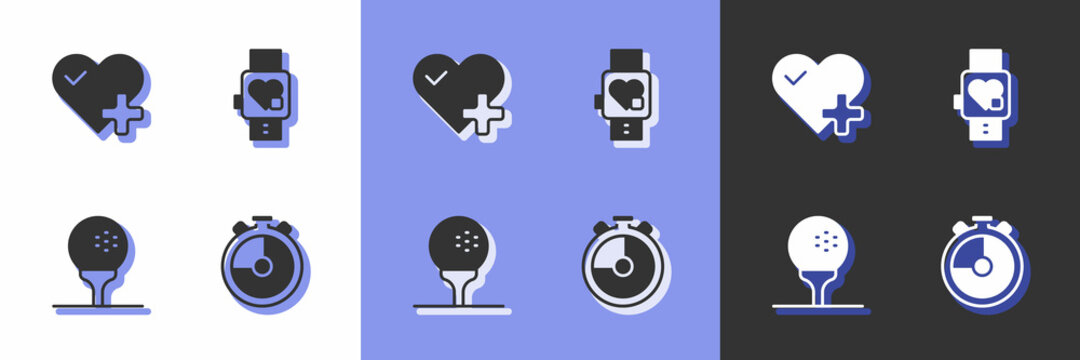 Set Stopwatch, Heart rate, Golf ball on tee and Smart with heart icon. Vector