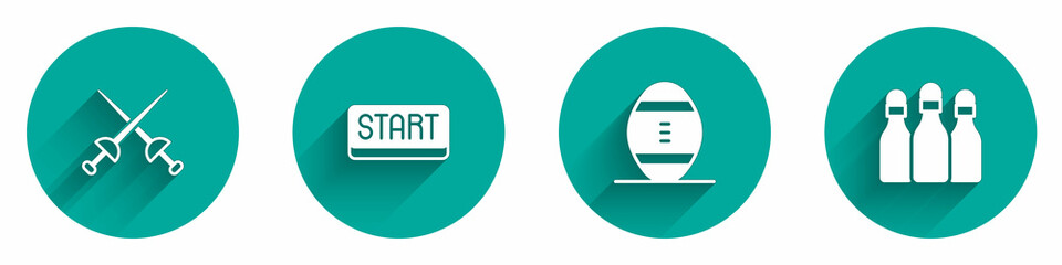 Set Fencing, Ribbon finishing line, American Football ball and Bowling pin icon with long shadow. Vector