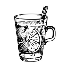 Hot grog cocktail. Hand-drawn sketch style Christmas winter or autumn warm drink in a coupe glass garnished with cloves and lemon zest twist. Hot mulled wine for Christmas and winter. - obrazy, fototapety, plakaty