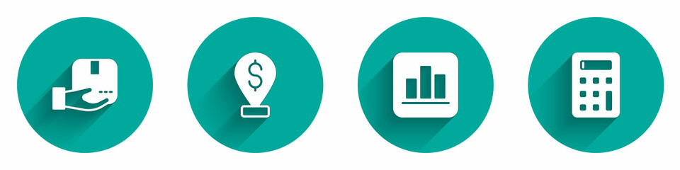 Set Delivery hand with box, Cash location pin, Pie chart infographic and Calculator icon with long shadow. Vector