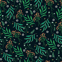 Seamless flower pattern on a dark background. Green leaves, grass and red berries. For printing on fabric and paper