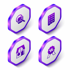 Set Isometric Magnifying glass, Shopping list, Market store and Discount percent tag icon. Purple hexagon button. Vector