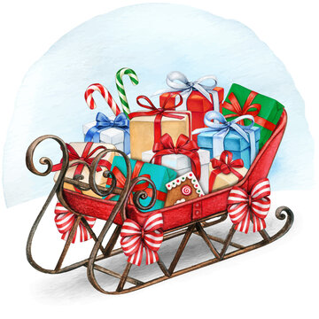 recommend clip art: watercolor vintage christmas sleigh full of gifts and treats