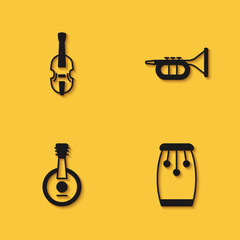 Set Violin, Conga drums, Banjo and Trumpet icon with long shadow. Vector