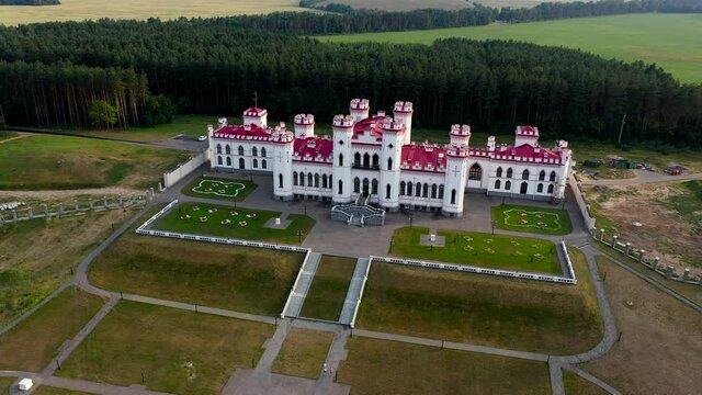 Kossovo, Belarus. Aerial View Of Historic Landmark Kosava Castle. Puslowski Puslovsky Palace Castle. 
