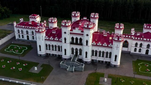 Kossovo, Belarus. Aerial View Of Historic Landmark Kosava Castle. Puslowski Puslovsky Palace Castle. 