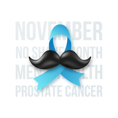 November Prostate cancer awareness. Blue ribbon with black mustache and lettering: November no shave month, menth health prostate cancer.