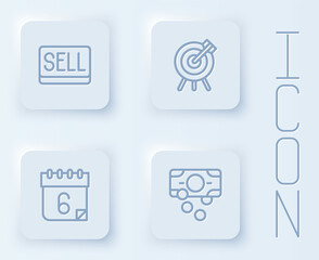 Set line Sell button, Target financial goal, Calendar and Stacks paper money cash. White square button. Vector