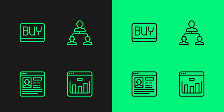 Set line Browser with stocks market, Resume, Buy button and Employee hierarchy icon. Vector