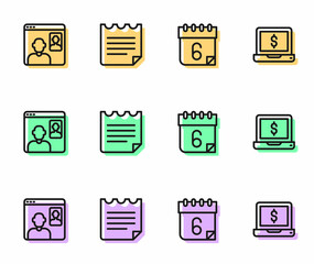 Set line Calendar, Video chat conference, Notebook and Laptop with dollar icon. Vector