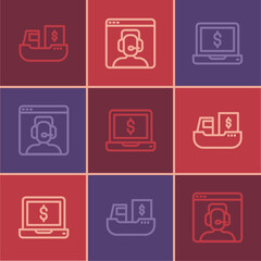 Set line Cargo ship with boxes delivery, Laptop dollar and Telephone 24 hours support icon. Vector