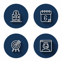 Set line Bank building, Calendar, Target financial goal and Telephone 24 hours support with long shadow. Blue circle button. Vector