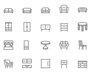 Furniture, Furnishings. Sofa, Couch, Table, Armchair. Simple Vector Line Icons. Editable Stroke. 48x48 Pixel Perfect.
