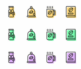 Set line Coffee cup, Electric coffee grinder, Bag beans and book icon. Vector