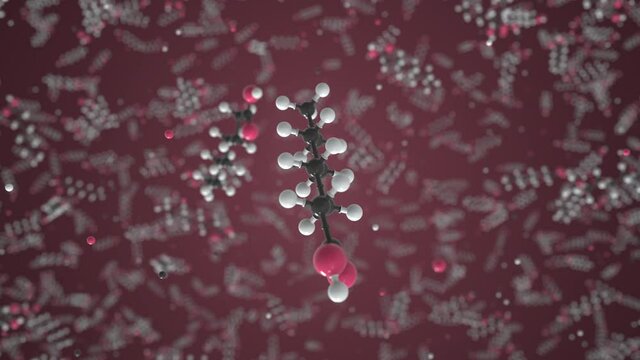 Octanoic acid molecule made with balls, conceptual molecular model. Chemical looping 3d animation