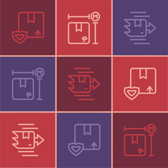 Set line Delivery security with shield, Carton cardboard box and Cardboard measurement icon. Vector