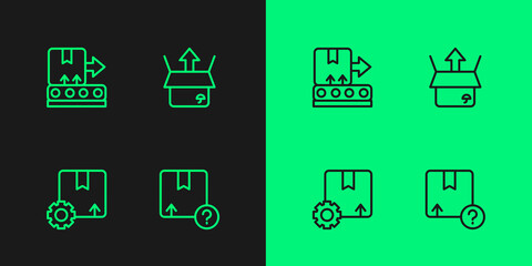 Set line Carton cardboard box, Gear with package, Conveyor belt and Unboxing icon. Vector