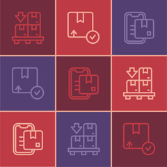 Set line Cardboard boxes on pallet, Document tracking marker and Carton cardboard icon. Vector