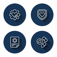 Set line Heart with cross, Immune system, Patient record and Medicine pill tablet with long shadow. Blue circle button. Vector