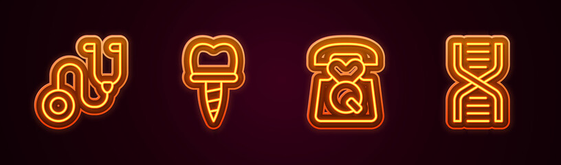 Set line Stethoscope, Dental implant, Emergency call 911 and DNA symbol. Glowing neon icon. Vector