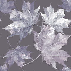 Autumn light grey maple leaves on grey background seamless pattern for all prints.