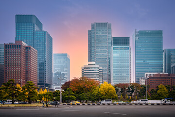 Fototapeta na wymiar Amazing cityscape autumn colours at Chiyoda's Marunouchi business district in front of the Imperial Palace in Tokyo, Japan.