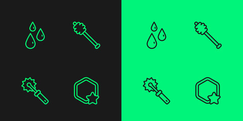 Set line Honeycomb, Cutter roll for honey, Drops of and dipper stick icon. Vector