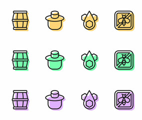 Set line Honeycomb, Wooden barrel with honey, Beekeeper protect hat and Stop bee icon. Vector