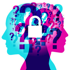 A male and female side silhouette profile overlaid with various blending semi-transparent Question Marks. Overlaid at the centre is a white padlock symbol.