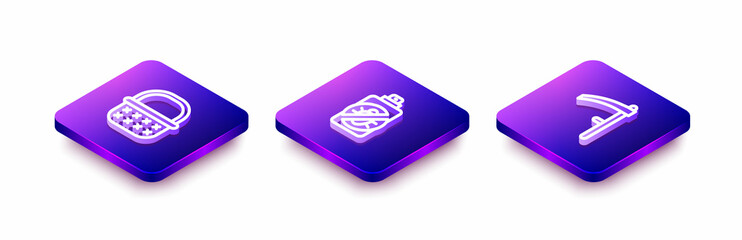 Set Isometric line Wicker basket, Spray against insects and Scythe icon. Vector