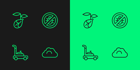 Set line Cloudy weather, Lawn mower, Sprout and Stop colorado beetle icon. Vector