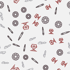 Set line Pencil with eraser, Gear, Fountain pen nib and Award cup on seamless pattern. Vector