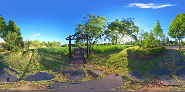 Ansan, South Korea - 7 June 2019. 3D Panorama 360 degree view in park. Forest and Park 360 image, VR AR content.