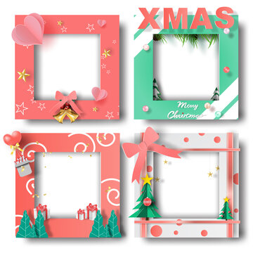 Merry Christmas and Happy new year border frame photo design set on transparency background.Creative origami paper cut and craft style.Holiday decoration gift card.Winter Postcard vector illustration