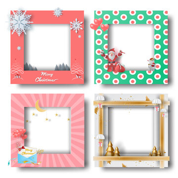 Merry Christmas and Happy new year border frame photo design set on transparency background.Creative origami paper cut and craft style.Holiday decoration gift card.Winter Postcard vector illustration
