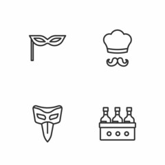 Set line Bottles of wine, Carnival mask, and Italian cook icon. Vector