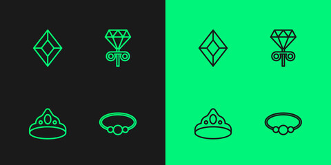 Obraz premium Set line Bracelet jewelry, King crown, Gem stone and Stud earrings icon. Vector