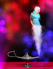 Aladdin's Lamp with Genie and Colorful Bokeh