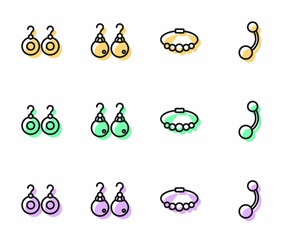 Set line Bracelet jewelry, Earrings, and Piercing icon. Vector