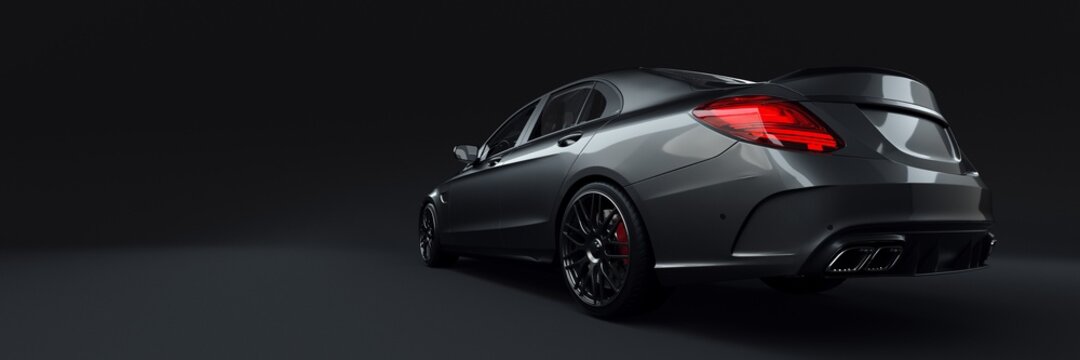 Elegant dark metallic generic vehicle. Studio photo banner. 