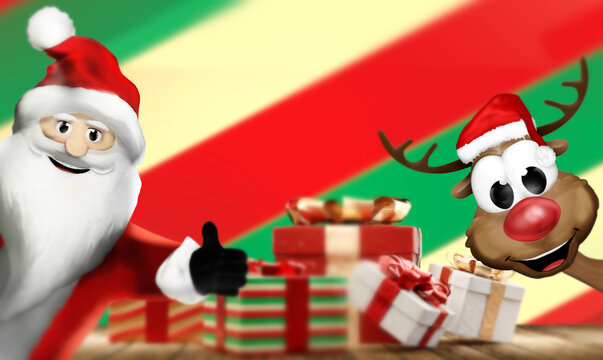 christmas santa claus thumbs up in front of a pile of Christmas presents festive 3d render
